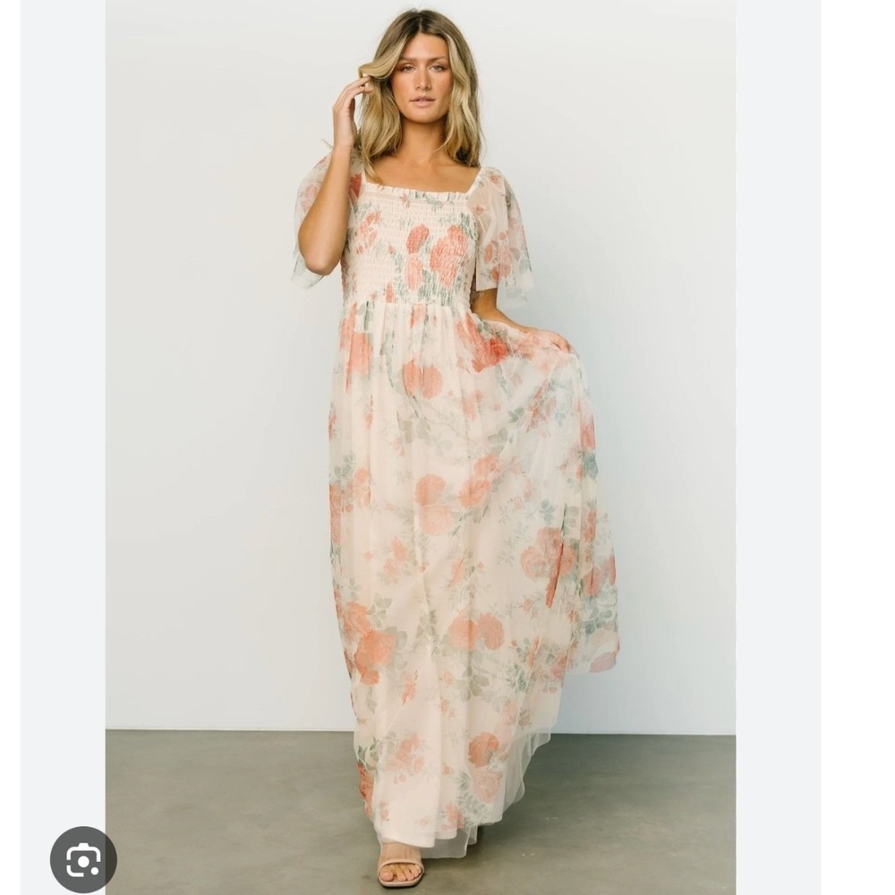 Baltic Born Cassandra Tulle Maxi Dress in Buttercream Floral Beige Rust Size XL